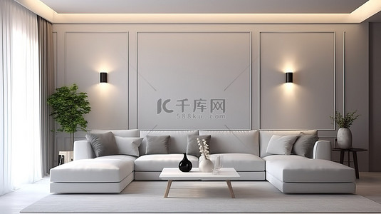 现代白色客厅 3D 渲染，带有微妙的温暖灯光，突出墙壁装饰
