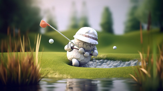 高尔夫卡通背景图片_童话人物在 3D 插图中享受高尔夫游戏