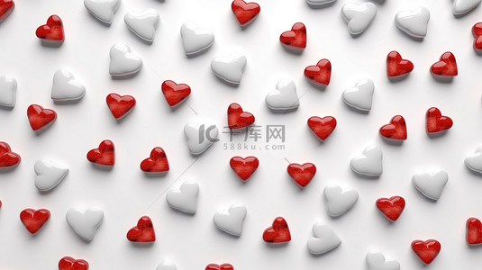 情人节白色爱心背景图片_心脏隔离在白色背景 3D 插图与无缝纹理