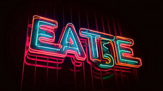 招牌商标背景图片_霓虹灯招牌的极端特写 3D 渲染在这里用餐