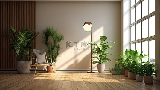 白色可视化背景图片_现代办公室设计，采用时尚的木质镶木地板郁郁葱葱的植物和时尚的落地灯 3D 可视化