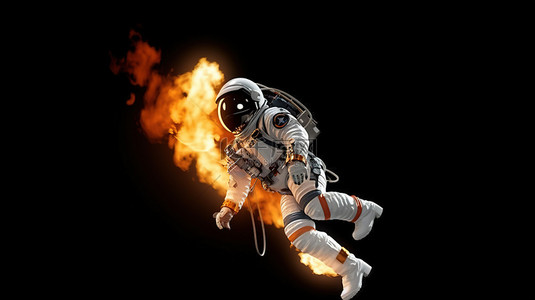 骑着火焰，一个 3d 宇航员火箭进入太空
