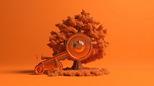 橙色背景插画背景图片_橙色背景下单色树锯的 3D 渲染