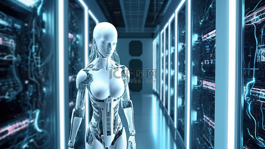 服务器机房可视化女性机器人自动化概念与 3D 渲染