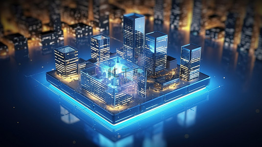 具有照明智能建筑的未来城市景观城市技术的 3D 渲染
