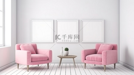 绿色简约家居背景图片_简约客厅中的空水平框架模型，配有粉红色椅子，靠在白墙 3D 渲染上