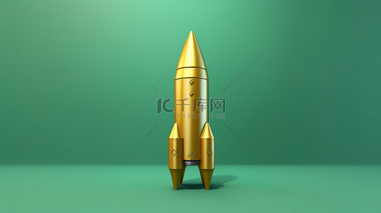 金色火箭背景图片_潮水绿色背景中的火箭符号福尔图纳金设计，具有社交媒体 3D 渲染功能