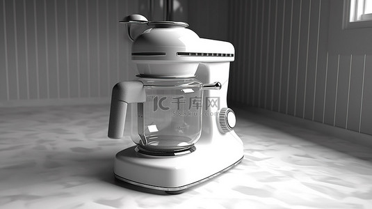 复古厨房中老式单色搅拌机的等距 3D 渲染