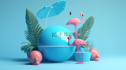 产品展示概念蓝色讲台与沙滩配件 3d 渲染以夏季沙滩沙滩球鸡蛋花和充气蓝色火烈鸟为特色