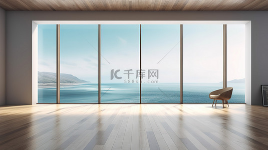 带人字形地板木座椅和海景 3d 渲染的现代房间
