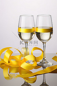 2016年双11背景图片_两杯葡萄酒，旁边是一条写着 2016 年的黄丝带