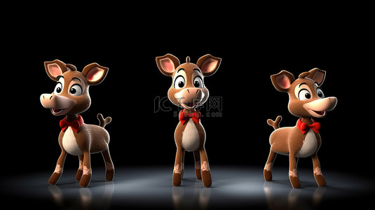 红鼻子驯鹿鲁道夫背景图片_各种 3D 鲁道夫驯鹿人物在黑色背景上摆出姿势
