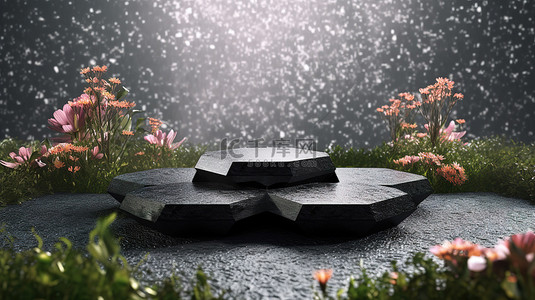 空花田中黑色水磨石讲台的 3D 渲染，形状像六边形，非常适合产品展示