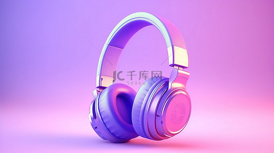 简约音乐概念 3D 渲染紫色耳机隔离在柔和的背景上