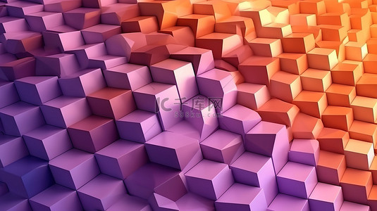 三维几何背景，具有六角金字塔结构，渐变颜色从柔和的紫色到橙色 3D 渲染
