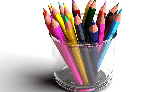 彩色毛笔背景图片_塑料杯的 3D 渲染，里面装满了白色背景上隔离的钢笔和铅笔