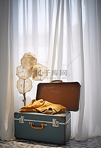 一个手提箱坐在窗帘前