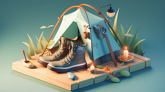 行李背景背景图片_简约的夏季露营概念空产品讲台，带帐篷登山鞋和蓝色背景灯笼 3D 渲染