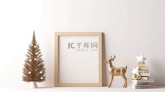 节日假期样机木框杉树星花环和鹿在白墙背景 3D 渲染