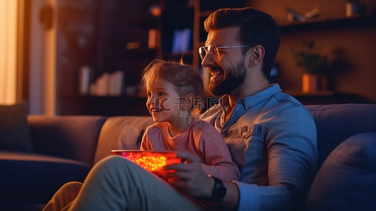 儿子和爸爸背景图片_快乐的留着胡子的爸爸一边拿着遥控器，一边和戴着 3D 眼镜的可爱儿子看电视
