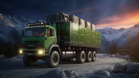 绿色皮卡车背景图片_坚固的绿色卡车，专为偏远地形 3D 渲染中的冒险探险而设计