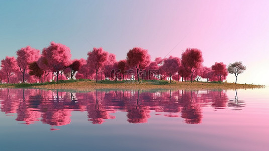 夏季背景 3D 渲染粉红色的树木和绿草反映在湖中