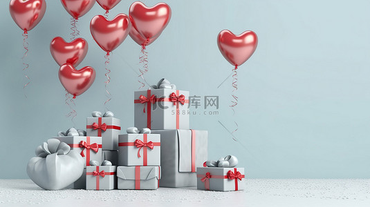 情人节背景的 3D 渲染，包括礼品盒和心形气球