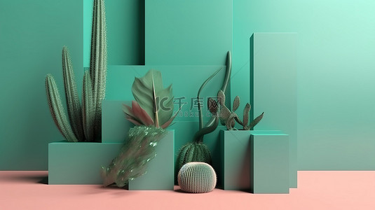春季主题 3D 产品演示，背景为立方体讲台棕榈叶和仙人掌