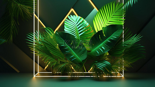 发光的几何形状在令人惊叹的 3D 渲染中发出热带树叶的光芒