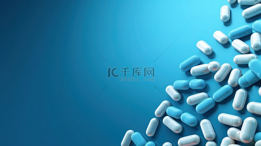 医疗中背景图片_蓝色背景中的药物胶囊，健康和保健的全景
