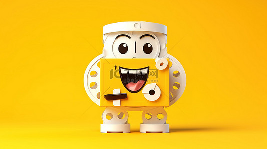 黄色背景的 3D 渲染，带有现代白色洗衣机吉祥物，配有胶片卷轴和电影磁带