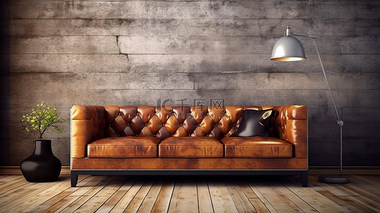传统房间元素中的现代真皮沙发 3D 渲染