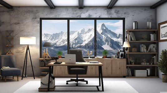 配备响应式网站的家庭办公室的虚拟雪顶峰会 3D 渲染