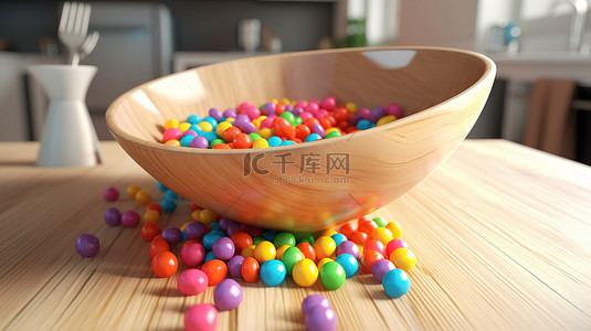 充满活力的糖果以一系列颜色层叠到白色瓷碗和木板上 3D 渲染