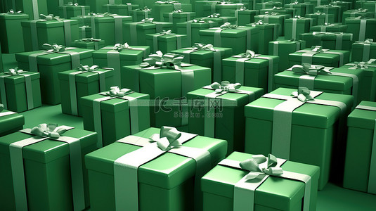 礼盒绿色背景图片_3d 视图中带有白色丝带的各种尺寸的绿色礼品盒