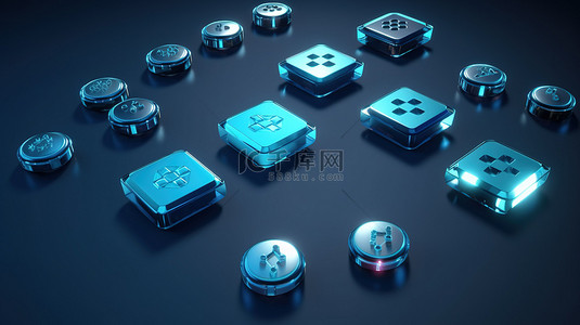 3D 渲染插图中蓝色背景媒体播放器按钮的集合