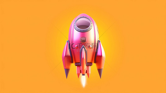 橙色背景上粉红色飞行的卡通火箭宇宙飞船的 3D 插图，提供复制空间