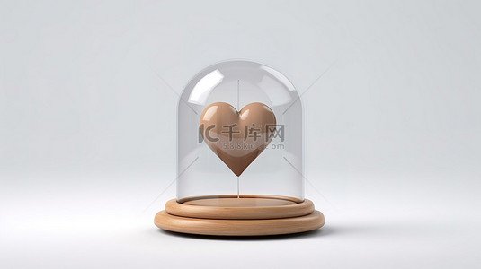 木制讲台，带有玻璃圆顶和心脏，以白色背景下的 3D 独立插图描绘