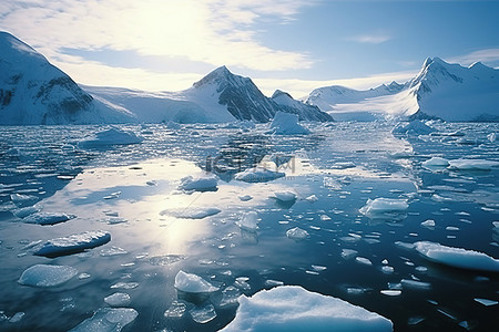 冰川背景图片_山附近水面上的冰川