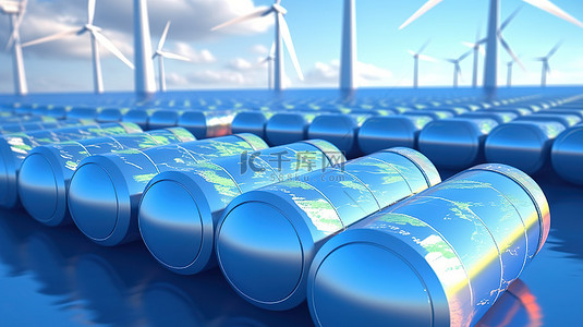 通过可再生能源利用氢能存储风力涡轮机和光伏发电的 3D 渲染