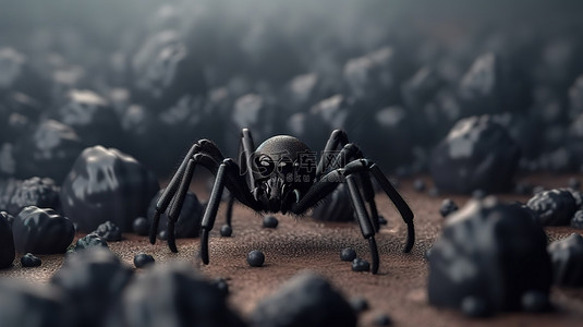 网络中黑蜘蛛的怪异可爱 3D 渲染，非常适合万圣节装饰