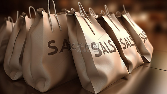 购物购物袋背景图片_带轮购物袋的销售 3d 渲染