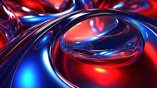 华丽的 3D 抽象背景，具有红色和蓝色液体，具有金属反射和光折射