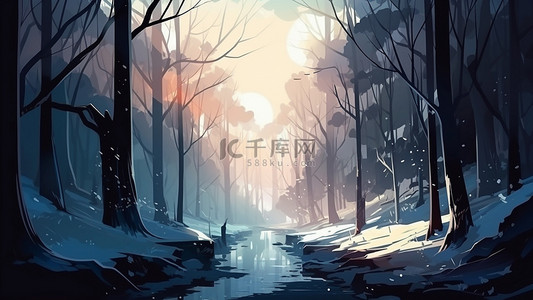 卡通冬季河流背景图片_小溪雪地森林日出背景