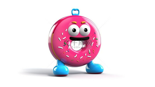 白色背景的 3D 渲染，具有吉祥物角色大草莓粉色釉面甜甜圈和蓝色健身追踪器