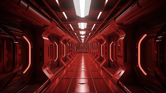 科幻设计背景图片_深红色科幻小说走廊令人惊叹的 3D 渲染