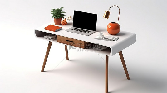 带有棕色腿电脑桌面的办公桌的 3D 渲染