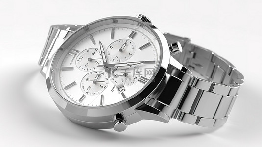 手表背景背景图片_3D 渲染豪华模拟男士银色腕表，白色背景上显示智能概念手表