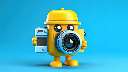 黄色背景的 3D 渲染，配有蓝书人物吉祥物持有的现代数码相机