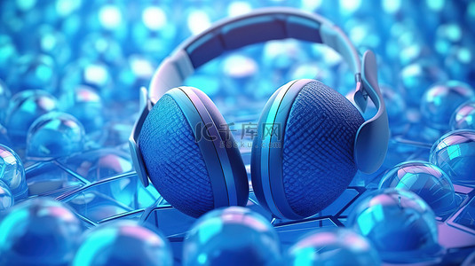 彩色音乐背景背景图片_中心有蓝色耳机的几何球体背景的 3D 渲染